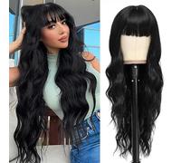 BARSDAR Lungo Naturale Nero Parrucca con Frangia, 66cm Lunga Ondulato Nero Parrucca con Frangia para Donne Sintetici Capelli Parrucche Quotidiano Cosplay Party Halloween