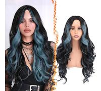 BARSDAR Lungo Nero Teal Blu Highlight Parrucca con Frangia, 71cm Blu Nero Ombre Highlight Parrucche per le Donne Aspetto Naturale Sintetico Capelli Parrucche Cosplay Halloween Costume Parrucca