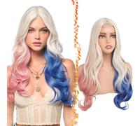 BARSDAR Lungo Ondulata Rosa e Blu Parrucca, Sintetico Capelli Parrucche Lungo Ondulata Parte Centrale Rosa Blu Biondo Parrucca per le Donne 71cm Aspetto Naturale Costume Parrucche Cosplay Partito