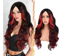BARSDAR Nero Rosso Highlight Lungo Ondulata Parrucca con Frangia, 71cm Rosso Nero Ombre Highlight Parrucche per le Donne Aspetto Naturale Sintetico Capelli Parrucche Cosplay Partito Halloween Costume