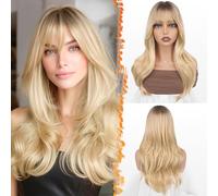 BARSDAR Parrucca Lungo Ombre Biondo con Frangia, 50cm Layered Parrucca Radici Scure per le Donne Naturali Capelli Sintetici Ondulato Parrucche con Frangia Uso Quotidiano Partito Cosplay Wear
