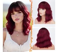 BARSDAR Parrucca Ondulata Pastello Parrucche Ricci Morbidi con Frangetta 14 Pollici Parrucca di Capelli Sintetici Morbidi Lunghezza Della Spalla per Donne/Ragazza- Rosso