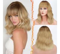 BARSDAR Parrucca Ondulata Pastello Parrucche Ricci Morbidi con Frangetta 14 Pollici Parrucca di Capelli Sintetici Morbidi Lunghezza Della Spalla per Donne/Ragazza- Biondo