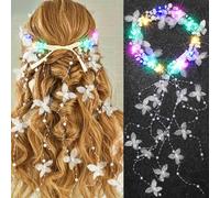 BARTOSI Cerchietto per capelli con farfalla illuminato a LED, con perle, nappe, per matrimoni, balli studenteschi, accessori per capelli da sposa, per donne e ragazze