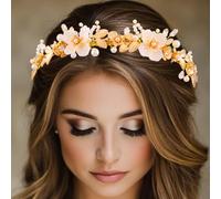 BARTOSI Cerchietto per capelli da sposa con foglie dorate e perle, accessorio per capelli da sposa, per donne e ragazze