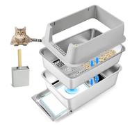 Bartuke Lettiera per gatti in acciaio inox, con cassetto e setaccio, paletta per gatti di grossa taglia, facile da pulire