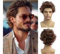Baruisi Parrucca corta da uomo, capelli ricci naturali e soffici, parrucca di ricambio per cosplay