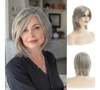 Baruisi Parrucca corta ondulata a caschetto beige grigio sintetico parrucca di ricambio per cosplay da donna