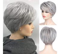 Baruisi Parrucche corte grigie per le donne Pixie a strati parrucca con frangia parrucche sintetiche per capelli Cosplay Halloween parrucca quotidiana