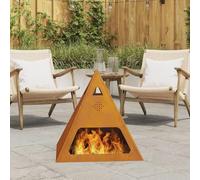 BARULUOAKLIFE Braciere a Legna in Acciaio Invecchiato Marrone Piramide 50x50x51 cm per Esterno, Focolare da Giardino con Camera di Fuoco 90x30x40 cm, Design Industriale Resistente alle