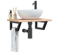 BARULUOAKLIFE Ripiano Lavabo a Parete in Rovere Massello 60x40x2,5 cm con Staffe in Acciaio Nero, Mensola Sospesa Salvaspazio per Bagno Moderno, Montaggio Flessibile