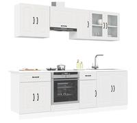 BARULUOAKLIFE Set Cucina 8 Pezzi Kalmar Bianco in Legno Multistrato e Vetro, Mobile Base Lavello e Pensili, Ottimizzazione Spazio, Ampio Archiviazione, Piedini Regolabili, Facile