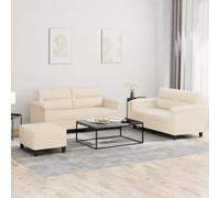 BARULUOAKLIFE Set Divani 3 Pezzi Beige in Tessuto Microfibra con Cuscini, Divano a 2 Posti e Poggiapiedi, Struttura Robusta in Compensato e Metallo per Salotto Moderno, Imbottitura