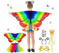 BARVERE Vestito Carnevale Bambina Farfalla, Ali Farfalla Bambina con Maschera per Gli Occhi, Bacchetta da fata, Cerchietti per Capelli e Adesivi a Farfalla, Costume Farfalla Bambina Set per Carnevale