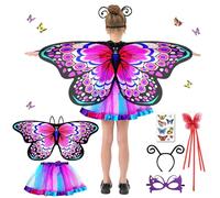 BARVERE Vestito Carnevale Bambina Farfalla, Ali Farfalla Bambina con Maschera per Gli Occhi, Bacchetta da fata, Cerchietti per Capelli e Adesivi a Farfalla, Costume Farfalla Bambina Set per Carnevale
