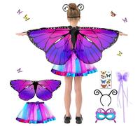 BARVERE Vestito Carnevale Bambina Farfalla, Ali Farfalla Bambina con Maschera per Gli Occhi, Bacchetta da fata, Cerchietti per Capelli e Adesivi a Farfalla, Costume Farfalla Bambina Set per Carnevale