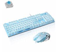 Basaltech Tastiera meccanica da gioco e mouse, stile vintage steampunk, con retroilluminazione a LED, interruttore blu antighosting a 104 tasti, tastiera rotonda, pannello in metallo USB, colore