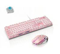 Basaltech Tastiera meccanica da gioco e mouse stile vintage steampunk con retroilluminazione a LED interruttore blu antighosting a 104 tasti tastiera rotonda pannello in metallo USB colore rosa