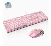 Basaltech Tastiera meccanica da gioco e mouse stile vintage steampunk con retroilluminazione a LED interruttore blu antighosting a 104 tasti tastiera rotonda pannello in metallo USB colore rosa