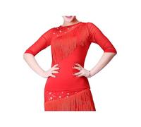 Bascabeen Top da donna per danza latina con frange e nappe top con strass per esercitarsi nella sala da ballo di tango, Rosso, M