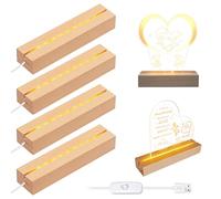 Base a LED in legno, 4 pezzi di luci a LED, base di luce, supporto USB, base in legno rettangolare illuminato, per pannelli in acrilico, pannello in vetro, bianco caldo