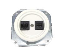 Base da incasso in porcellana bianca RJ45 e RJ11, senza cornice, ideale per connessioni di rete e telefonia in ambienti residenziali e commerciali.