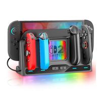 Base di Ricarica 4 in 1 per Nintendo Switch 2/OLED/Switch, Dock Magnetico Ricarica Joy-Con con 9 Modalità RGB, Caricatore Switch 2 con Cavo Incluso, Accessori Gaming