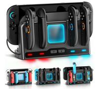 Base di Ricarica per Nintendo Switch 2/SW/OLED, 4 in 1 Caricatore Switch 2 con Magnetico Ricarica, Base Ricarica Joy-con Switch con 9 Modalità RGB e Cavo di Ricarica, Accessori Nintendo Switch 2