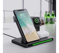 Base di ricarica wireless multifunzione: caricabatterie rapido da 15 W, doppia bobina, supporto verticale per telefono, orologio e auricolari.