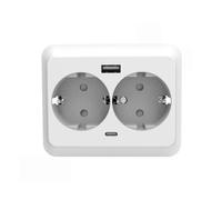Base doppia da incasso 16 A 250 V con presa T e porte USB A e B, ideale per la ricarica di dispositivi e il collegamento di apparecchiature elettriche.