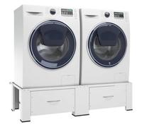 Base doppia per lavatrice e asciugatrice, colore: bianco | Acciaio robusto, portata 100 kg, cuscinetti antiscivolo, 2 cassetti, protezione antigraffio