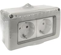 Base doppia stagna Schuko IP55, 10 A 250 V, ideale per esterni, protezione da acqua e polvere, perfetta per apparecchiature elettriche e connessione sicura.