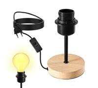 Base lampada da tavolo E27 in metallo - Cavo da 1,8 m con interruttore, portalampada con anello a vite, base di venature in legno, nero opaco, senza paralume per camera da letto, soggiorno, ufficio