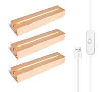 Base LED per vetro acrilico, 3 pezzi con attacco luminoso a LED USB in legno, rettangolo illuminato, supporto per display LED, base in legno, base luminosa per piastra in acrilico, cristalli