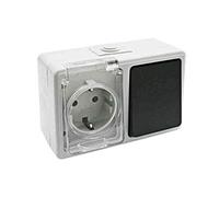 Base schuko impermeabile con interruttore, ideale per ambienti umidi ed esterni, fornisce sicurezza e controllo dell'energia.