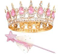 Basetousual 2 Pezzi Corona Principessa Bacchetta Magicas Set, Bacchetta Magica Rosa Stelle, Rosas Corona Barocca Donna, Per Compleanni, Matrimoni, Feste In Maschera, Con Coronas Rosa Bacchetta Magica