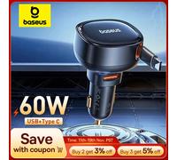 Baseus 60W Caricabatteria da auto 2 in 1 Cavo retrattile SCP 25W QC PD 30W Caricatore rapido per telefono da auto per iPad iPhone 16 15 14 13 Pro Samsung