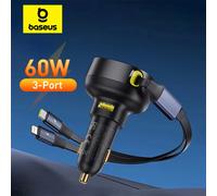 Baseus 60W Caricabatteria da auto Type-C USB QC PD PPS Ricarica rapida Doppio cavo retrattile Caricatore per telefono per auto per Samsung iPhone Xiaomi