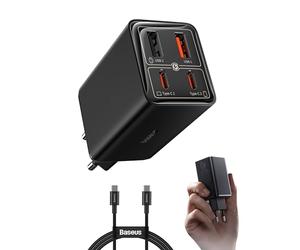 Baseus 65W Caricatore USB C GaN 6 Tech, Caricabatterie USB, Alimentatore Compatibile con MacBook Air/Pro, Surface, iPhone 15/14/13, iPad, Samsung Galaxy S23 Ultra/S23+/S22, Pixel, Nero