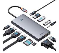 Baseus Docking Station USB C per 3 Monitor, 13-in-1 Hub USB C con 2 HDMI 4K@60Hz, DisplayPort 4K@120Hz, VGA, Port Dati de USB 3.1 10Gbps, PD 100W ed Ethernet, Compatibile con Dell/HP/Lenovo/Surface