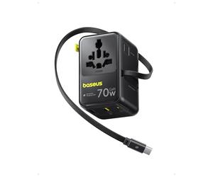 Baseus Enercore Adattatore da Viaggio Universale 70W con Cavo Estraibile, Spina Universale con 2AC + 2USB A + USB C, Adattatore Internazionale per USA, Regno Unito, Giappone, Thailandia, Australia