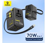 Baseus GaN Caricabatterie Adattatore da viaggio universale Cavo retrattile da 70 W integrato 2AC 2 USB-A Tipo-C Ricarica rapida EU/UK/USA/AUS