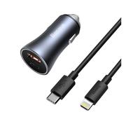 Baseus Golden Contactor Pro Caricabatterie accendisigari USB-C+USB-A a ricarica rapida da 40 W con cavo da USB-C a Lightning da 1 m