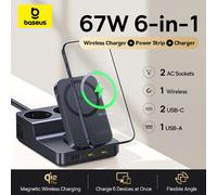 Baseus Multipresa 6 in 1 Caricatore rapido da 67 W con caricabatterie wireless Qi2 Presa 2AC USB C per stazione di ricarica per tablet portatile iPhone
