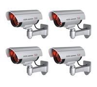 BASI Set di 4 telecamere finte con luce LED lampeggiante, telecamera di sicurezza, telecamera di sorveglianza per interni ed esterni, supporto da parete, wireless, argento, CCTV, 4 pezzi