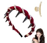 Basicallyt Retro High Skull Pearl Headband, Vintage High Cranium Artificial Pearl Hairband, Versatile Wave Headbands, Women Pearl Heaband for Weddings, Daily Wear (3pcs) (Burgundy, 1)