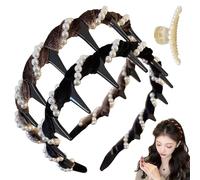 Basicallyt Retro High Skull Pearl Headband, Vintage High Cranium Artificial Pearl Hairband, Versatile Wave Headbands, Women Pearl Heaband for Weddings, Daily Wear (3pcs) (Brown+Burgundy, 1)