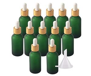 BasicPacking 12 Pezzi Verde Opaco Bottiglie Contagocce in Vetro 30 ml, Ambra Vuoto Flaconi con Pipetta Contagocce d'oro, per Olio Essenziale, Aromaterapia con Imbuti