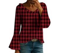 Basics Under Shirt Donna Primavera e Autunno Seven Minutes of Bell Manica V Collo Pressato Pieghe Tinta Unita T Shir Fashion Top Teen Girl, Rosso, XXL