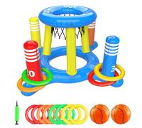 Basketball Hoop - Floating 2 in 1 set giocattolo d'acqua, gioco gonfiabile a bordo piscina | Basketball 2 Blow Up Balls Ring, Cross Target Game, Outdoor Summer Activity Toy per bambini e famiglie
